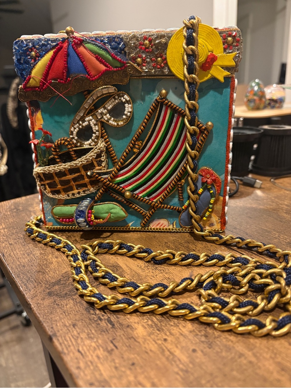 Mary Frances Multicolor Embellished Beach Scene Crossbody Bag